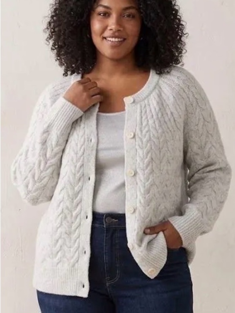 Ava & Viv Soft Cable Knit Button-Front Cardigan - Light Gray